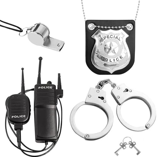 TNEDFOD 4 Piezas Accesorios de Traje de Policía para Niños, Conjunto con Walkie Talkies, Esposas, Insignia, Silbato, Policía Accesorios de Disfraces para Carnaval, Cosplay, Halloween
