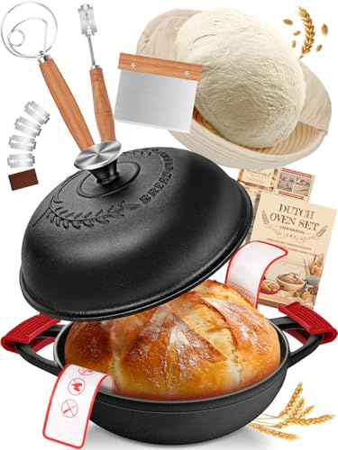 Dutch Oven Bread Baking Pot with Lid 6QT Cast Iron Design & Complete Sourdough Kit (Banneton Basket, Dough Tools, Silicone Sling) for Artisan Bread Making