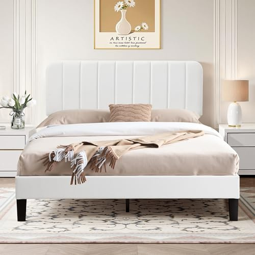 VECELO Lit Double Rembourré 140x190 cm, Tête de Lit Réglable, Support à Lattes en Bois Solide, Tissu Velours, Facile à Assembler, Blanc