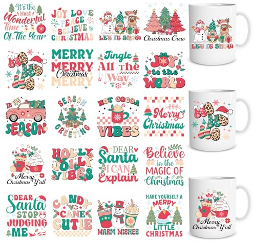 Eiapadeor Boho Christmas Rub on Transfer Stickers 20 Sheets Christmas Santa Gnome UV DTF Cup Wraps, Xmas Snowman UVDTF Wraps, Waterproof Rub on Decals for Glass Cups Mug, DIY Transfer Crafts