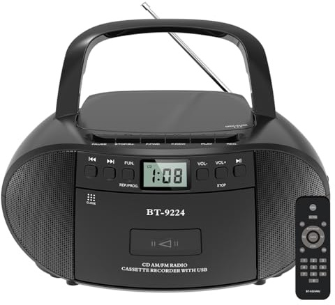 Bärbar boombox med Bluetooth, AM/FM-radio, CD- och kassettspelare, USB-uppspelning, fjärrkontroll, AC/batteridriven för hem- och utomhusbruk