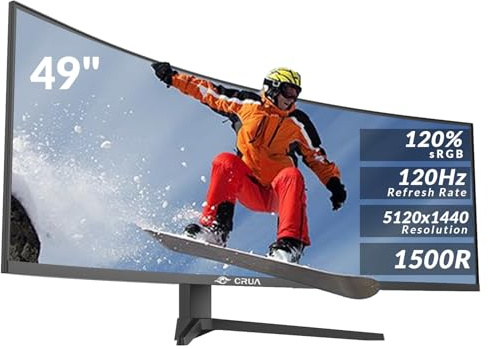 CRUA 49 Inch Curved Gaming Monitor, DQHD 5120 x 1440, 120Hz, 1500R, 32:9 UltraWide, AMD FreeSync, 120% sRGB, Height Adjustable, HDMI 2.1 & DP 1.4, Black