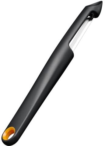 Fiskars Functional Form Pelador con cuchilla móvil, Pelador universal para frutas y verduras, Punta afilada, Cuchilla de acero inoxidable/Mango de plástico, Negro/Naranja, 1079960