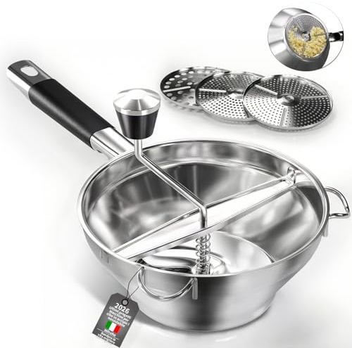 Passatutto in acciaio inox, 3 Dischi in dotazione, macina a manovella per alimenti per,design ergonomico rotante per salsa di pomodoro e purè di patate (Acciaio inossidabile)