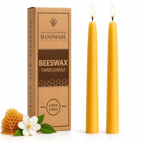 2 Pack Pure Beeswax Taper Candles, 6 Inch Short Natural Beeswax Dinner Candles, 6-Hour Burn, Unscented & Non-Toxic for Relaxation, Romantic Dinner and Meditation, Yellow