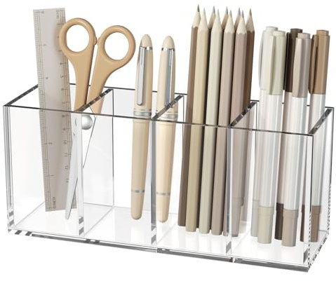 NIUBEE Soporte acrílico para bolígrafos, 4 compartimentos, organizador de lápices transparente para almacenamiento de accesorios de escritorio de encimera