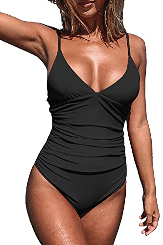 CUPSHE Women's One Piece Swimsuit Triangle Low Back Beach Swimwear Tummy Control Bathing Suit Swimming Costume Black, XS