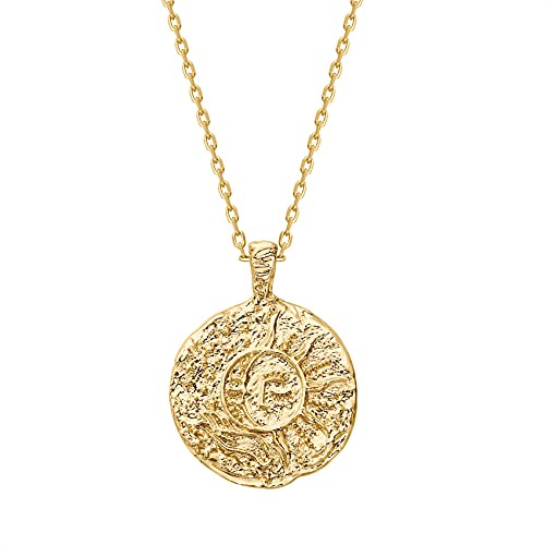 PAVOI 14K Gold Plated Engraved Coin Pendant | Byzantine Coin Necklace | Bohemian Necklace (Moon - Yellow)