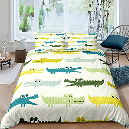Homewish Jungen Krokodil Bettwäsche-Set 135x200, niedliche Cartoon Tier Bettbezug für Kinder Jungen Wildlife Bunte Tagesdecke Abdeckung Schöne Reptil Tröster Abdeckung Kinder Schlafzimmer Dekor