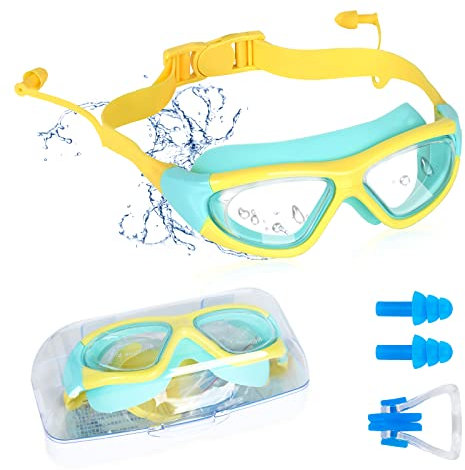Schwimmbrille, Unisex Antibeschlag Schwimmbrillefür Kinder Taucherbrille mit Ohrstöpseln, Nasenclip, UV-Schutz Weitsicht-Kinderbrille für Kinder, Jungen, Mädchen(Gelb)