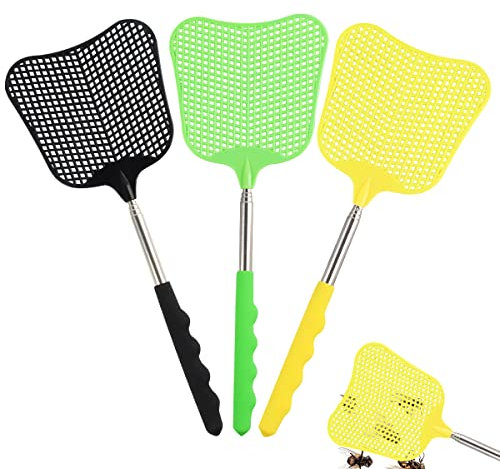 Tapette à Mouche Télescopique, Taozoey 3 Pièces Fly Swats, Lutte Antiparasitaire Manuelle, Grande Tapette à Mouches Extensible, Durable Manuelle Télescopique Mouche Piège(Vert & Jaune & Noir)