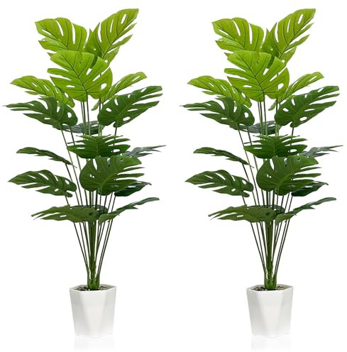 SAJANDAS Set of 2 Artificial Monstera Deliciosa Plants in Pots, Fake Tropical Palm Tree with Greenery Leaves Stems, 43 Inch Faux Swiss Cheese Floor Plants Indoor for Home, Office, Store Decor