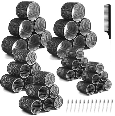 Gemtte 49 Stück Lockenwickler Set, Groß Haarwickler Selbsthaftend Hair Rollers mit 12 Stke Klammer, DIY Locken Ohne Hitze Haftwickler für Lange Medoum und Kurze Haare 48/36/25mm (Schwarz)