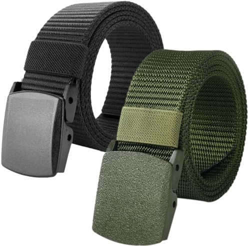 ZOCONE 2 Piezas Cinturon Tactico Hombre y Mujer 1.5''x53'' Cinturón Militar de Trabajo con Hebilla Plástico, Cinturón de Nylon Ajustable de Tela Sin Metal (Negro,Verde)