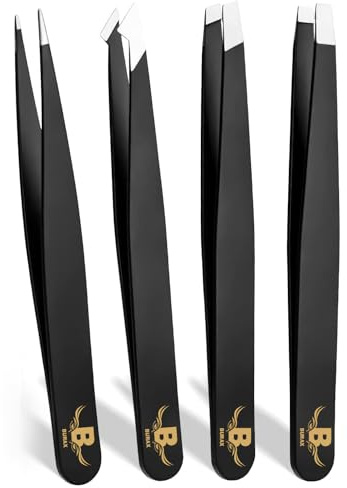 Burax Tweezers for Facial Hair Women Professional Stainless Steel Precision Tweezers for Women & Men (4 Pack Black)