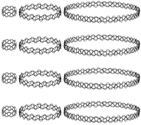 HZXINYI Choker Chaîne Ensemble - 12Pcs Collier Bracelet Anneau Choke Set Noir Tatouage Dentelle Gothique Collier Élastique Accessoires de Bijoux pour Femmes Filles