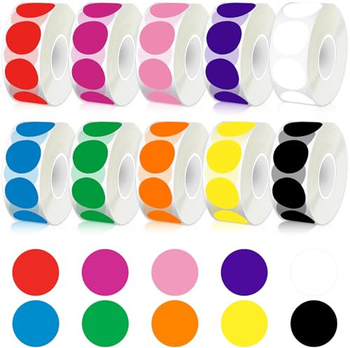 5000 Stück Klebepunkte Bunt, Punkte Aufkleber 2.5cm/1, Farbkodierung Runde, Runde Etiketten, Markierungspunkte Selbstklebend für DIY Büro Kalende (10 Rollen)