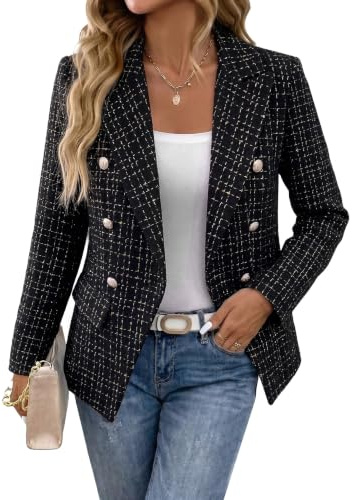 Mina Self 2025 Fall Women's Tweed Plaid Blazer Jacket - Fashion Slim Fully-Lined Double-Breasted Casual Work Coat (Pockets)