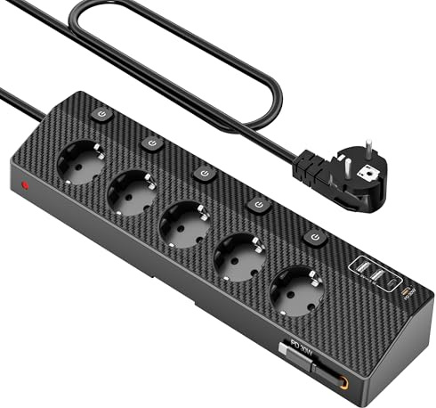 Tischsteckdose Steckdosenleiste mit 2 USB C (PD 30W),5 Fach Mehrfachsteckdose mit Schalter,Steckdosenleiste mit USB,4000W/16Amit 2M Kabel für Zuhause Büro und Reisen (Schwarz, 2M & 30W)