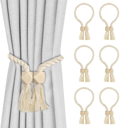 6 Stück Magnetische Vorhang Raffhalter Gardinen Raffhalter Gardinenhalter Vorhanghalter Gardinenraffer aus Holz Gardinen Klammern Baumwollseil Raffhalter für Gardinen Home Büro Gardinen Deko
