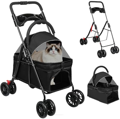 OHMG Poussette Chien 3-en-1, Poussette pour Chat Pliable, Panier de Rangement, Fenêtre en Filet, pour Petits Chiens et Chats, Jusqu'à 25 kg, 4 PCS Roues Résistant à l'Usure à 360°