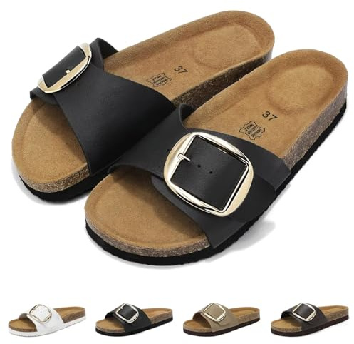 Wizshoe Sandales Femme Été Mules Semelle en Liège Confortables Chaussons à Boucle Réglable Sabots pour Support de l'arche Antidérapantes Chaussures Bout Ouvert Plates Noir 37EU