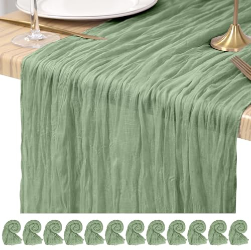 Pesonlook Cheesecloth Table Runner Sage Green, 12 Pack 17.7x108 inch, Long | Rustic Boho Gauze Table Runners, Crinkled Texture, Soft, Washable Reusable Decorations for Wedding Party Dinner Holiday Home