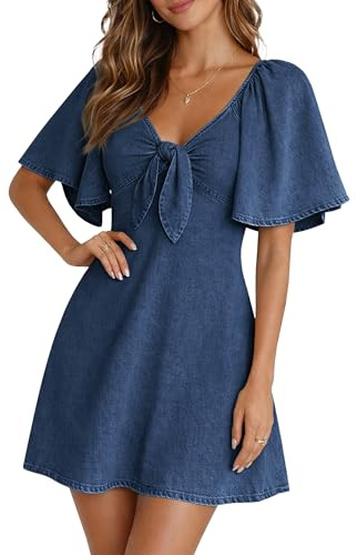 Fengbay Denim Dresses for Women UK Bow Tie V Neck Flutter Sleeve Summer | Ladies Mini Jean Dress Soft Stretch Cotton Denim,Smocked Back & A-Line,Suitable For Holiday Trips & Casual Daily Wear