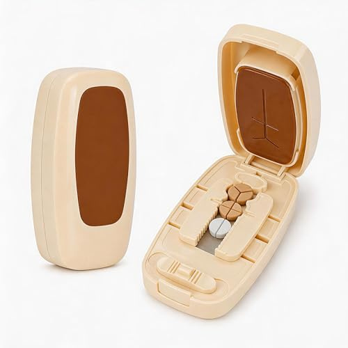 Taglia Pastiglie, Tagliapillole Precisione in 2 e 4, Dividi Pastiglie, Taglia Pillole di Precisione, con Vano Portaoggetti, Taglio Facile Adatto Quotidiano Viaggio(Beige)