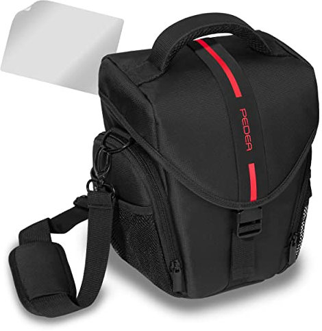 PEDEA DSLR-Kameratasche Essex mit Displayschutzfolie für Canon EOS 5D 5D Mark II 400D 2000D / Nikon D60 D80 D90 D3100 D3200 D3300 D3400 D5300 D7100 / Pentax K 30 K 50 K 500, Gr. L rot