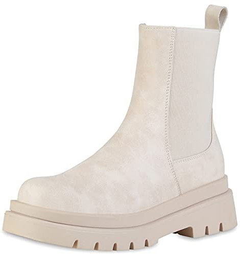 VAN HILL Damen Plateau Boots Stiefeletten Blockabsatz Schuhe Strick Stiefel Profilsohle Booties Plateauschuhe 201713 Beige 39