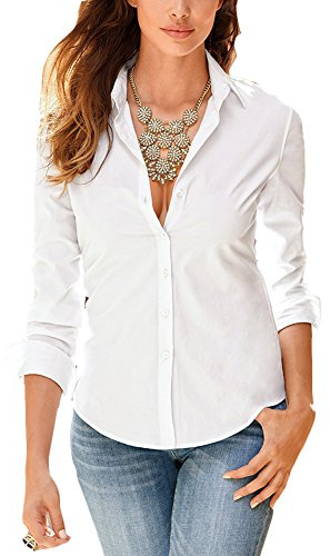 Tidecc Women Office Shirt Long Sleeve Button Down Lapel Shirt Business Work Blouse(White, Tag XL(UK 12-14)