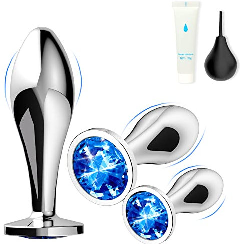 Analplug 3-Set aus Metall mit Kristall-Diamanten inkl. Analdusche. 3 verschiedenen Größen: klein (Anfänger), mittel und großer Buttplug – Sex Spielzeug für Paare – Plug Sexspielzeug Set Anal Plug