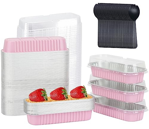 6.8oz Mini Loaf Pans with Lids 100 Pack,LNYZQUS Rectangle Aluminum Pans Mini Cake Tins,Disposable Baking Pan Small Cake Containers for Brownie Bread Cheesecake-Pink