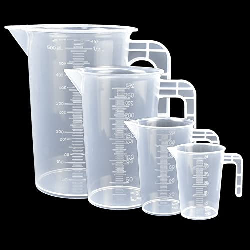 DOUSELLA Misurino in plastica, 50 ml, 100 ml, 250 ml, 500 ml, con manico, resistente al calore, per detersivi, cucina, laboratorio, per la cura dell'auto, per alimenti (trasparente)