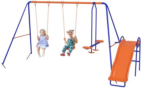 Outsunny Balançoire pour Enfants 4 en 1 avec 2 balançoires Individuelles 1 balançoire Planeur 1 Toboggan Corde réglable et Anti-UV pour l'extérieur Multicolore