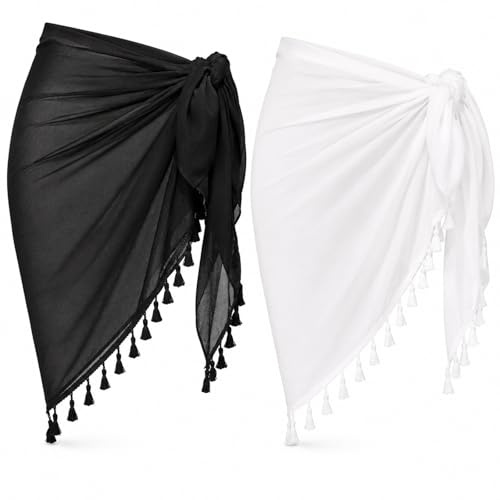 Ensemble 2 pièces pour femme, paréo, cache-maillot, jupe portefeuille, bikini (FR/ES, Alpha/lettres, Taille unique, Taille normale, Taille normale, Franges - Noir+blanc)