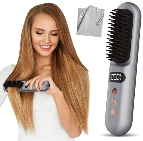 Hair Straightener Brush UK, Fast Heating Ceramic & Anti-Scald Design, Cordless Hair Straightening Comb with 9 Temp Settings (150℃-230℃), Hot Straightening Brush for Hair Styling