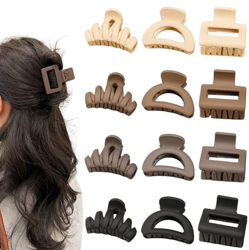 12 Pack Hair Claw Clips, Small Claw Clips for Thin Hair, 3 Styles Double Row Hair Clips, Matte Non-slip Hair Claw for Women & Girls - Perfect Match any Outfit