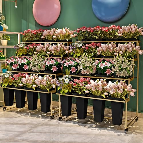 HJDSUDU Espositore per carrelli portafiori con 4 Ruote, ripiano per Bouquet da fiorista in Metallo, portafiori Mobile, Carrello per Piante con Ruote, con secchi da 16 Pezzi, Giardino,D