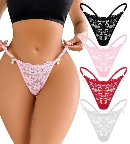 FULLJOYLOVE String pour Femmes Dentelle Française Culotte Sexy T Back Extensible Culotte String Hipster Bikini Slips 4 Pack XS-L