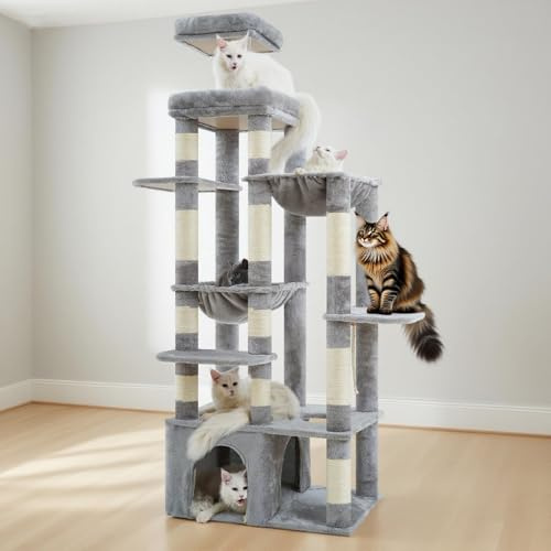Heybly HCT037W Cat Scratching Post 180 cm Large with Extremely Stable Base, XL Platform, Large Cat House, 2 Hammocks, Multi-Level Cat Furniture for Maine Coon and Other Large Cats, Light Grey
