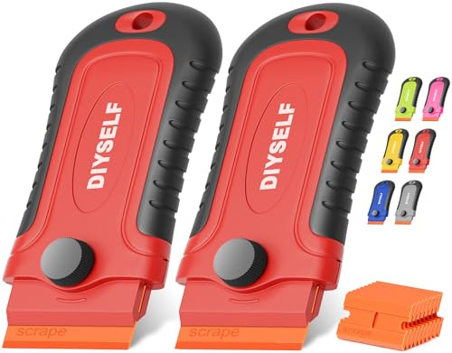 DIYSELF 2 Pack Plastic Scraper Tool Non Scratch with 10 Blades, Red | Glass scraper and window scraper for hobs and cars; sticker remover tool with plastic razor blades for labels and residue