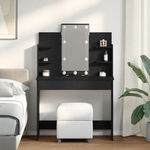 Teenpull Tavolo da toeletta con illuminazione a LED, 96 x 40 x 142 cm, rovere nero, design moderno, cassetti spaziosi, pratico tavolo cosmetico per camera da letto