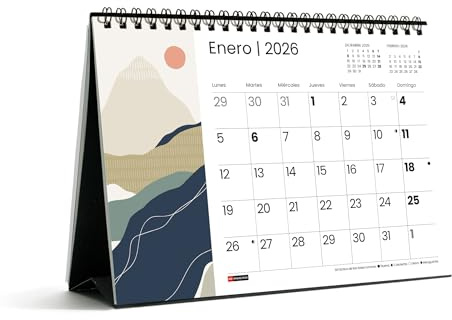 Miquelrius - Calendario 2026 de sobremesa, Organizador anual A5: 210 x 148,5 mm, Con espacio para anotar, Encuadernación espiral doble, Planificador 12 meses, Español, Montañas