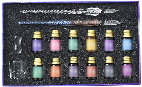 För vuxna nybörjare, 2 glaspennor, 10 färger bläck, 7 ml flaskor, glas kalligrafi penna set kristall dipppennor