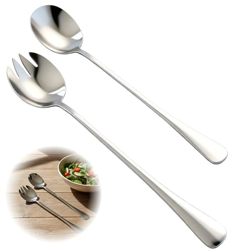 Juego de servir ensalada de acero inoxidable de 2 piezas de 28 cm, 2 piezas con cuchara para servir y tenedor de ensalada, juego de servir ensalada grande con mangos largos, ayudante de cocina para fa