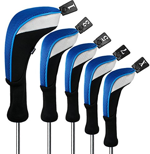 Andux 5pcs/Set Golf 460cc Driver Fairway Wood Club Head Covers Long Neck Black/Blue