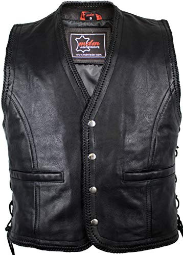 MDM Chaleco de cuero para hombre estilo motero, Piel de vacuno auténtica, negro, botones a presión, cordones trenzados, forro de poliéster (FR/ES, Letras, 4XL, Regular, Regular)