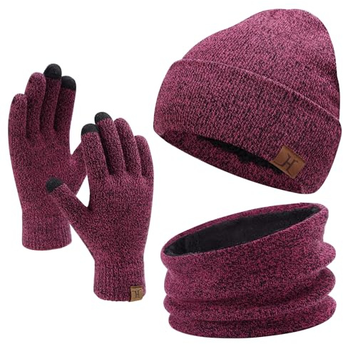 Invernali Cappello Sciarpa e Guanti Touch Screen, Berretto in Maglia Scaldacollo e Guanti con Fodera in Pile per Uomo Donna